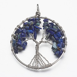 Lapis Lazuli Natural Lapis Lazuli Bead Brass Wire Wrapped Big Pendants, Tree of Life, Cadmium Free & Nickel Free & Lead Free, 50~64x48~52x5~8mm, Hole: 3~6mm