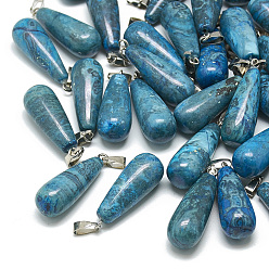Natural Agate Dyed Natural Blue Agate Pendants, with Stainless Steel Snap On Bails, teardrop, 28~30x10~12mm, Hole: 6x4mm