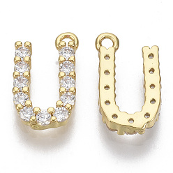 Letter U Brass Micro Pave Cubic Zirconia Charms, Nickel Free, Letter, Clear, Real 18K Gold Plated, Letter.U, 13.5x8x2.5mm, Hole: 1.2mm