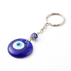 Platinum Flat Round with Evil Eye Lampwork Keychain, with Iron Split Key Rings, Blue, Platinum, 9.3cm