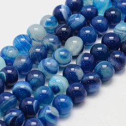 Dodger Blue Natural Striped Agate/Banded Agate Bead Strands, Round, Grade A, Dyed, Dodger Blue, 8mm, Hole: 1mm, about 47~48pcs/strand, 14.5 inch