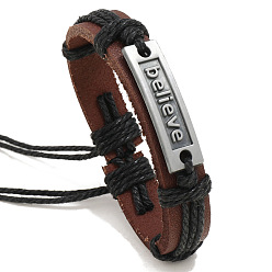 Black Adjustable Cowhide Cord Bracelets for Men, Antique Silver Tone Word Believe Alloy Links Bracelets, Black, 6-3/4~7-1/8 inch(17~18cm)