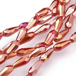 Red Electroplated Opaque Glass Beads Strands, Full Rainbow Plated, Faceted, Teardrop, Red, 9~10x4mm, Hole: 0.8mm, about 70~72pcs/strand, 25.98 inch~27.95 inch(66~71cm)