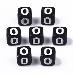 Letter O Opaque Acrylic Beads, Horizontal Hole, Alphabet Style, Cube, Black & White, Letter.O, 5x5x5mm, Hole: 2mm, about 5000pcs/500g