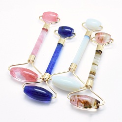 Mixed Stone Natural & Synthetic Mixed Stone Brass Face Massager, Facial Rollers, Golden, 142~150x54~58x19~22mm