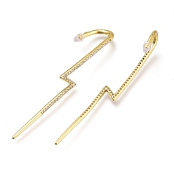Real 18K Gold Plated Brass Micro Pave Cubic Zirconia Ear Wrap Crawler Hook Earrings, with Ear Nuts, Lightning Bolt, Clear, Real 18K Gold Plated, 64~65x7.5mm, Pin: 1.8mm