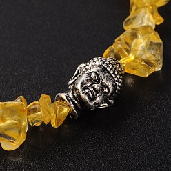 Citrine 3D Buddha Head Citrine(Dyed & Heated) Beaded Stretch Bracelets, with Tibetan Style Alloy Beads, 57mm