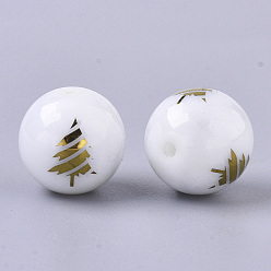 Golden Plated Christmas Opaque Glass Beads, Round with Electroplate Christmas Tree Pattern, Golden Plated, 10mm, Hole: 1.2mm