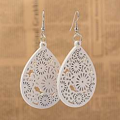 White Simple Design Filigree Teardrop Wood Dangle Earrings, with Platinum Plated Iron Earring Hooks, White, 70mm, Pin: 0.8mm