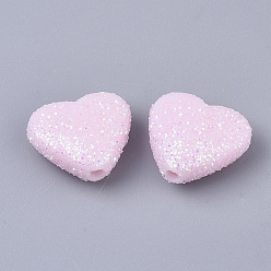 Pink Opaque Acrylic Beads, with Glitter Powder, Heart, Pink, 12.5x13.5x6mm, Hole: 1.5mm
