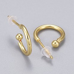 Real 18K Gold Plated Brass Stud Earrings, Half Hoop Earrings, with Plastic Ear Nut, Long-Lasting Plated, Ring, Real 18K Gold Plated, 12x1.5mm, Pin: 0.8mm