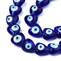 Medium Purple Handmade Evil Eye Lampwork Beads Strands, Heart, Medium Purple, 12~12.5x12~13x7.5mm, Hole: 1.2mm, about 33pcs/strand, 14.76 inch(37.5cm)