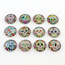 Mixed Color Half Round/Dome Sugar Skull Pattern Glass Flatback Cabochons for DIY Projects, For Mexico Holiday Day of the Dead, Mixed Color, 25x6mm