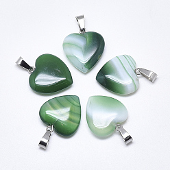 Green Natural Banded Agate/Striped Agate Pendants, Dyed, with Stainless Steel Snap On Bails, Heart, Stainless Steel Color, Green, 22~24x20~21x5~7mm, Hole: 3~4x7~8.5mm