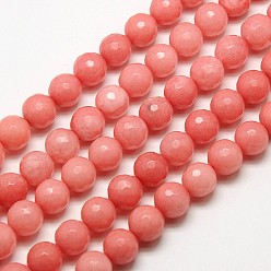 Light Coral Natural Malaysia Jade Bead Strands, Faceted Round Dyed Beads, Light Coral, 8mm, Hole: 1mm, about 46pcs/strand, 14.5 inch