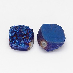 Blue Plated Electroplated Natural Druzy Quartz Crystal Beads, Square, Blue Plated, 14x14x8~10mm, Hole: 1.5mm