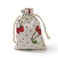 Colorful Burlap Packing Pouches, Drawstring Bags, Rectangle with Cherry Pattern, Colorful, 14~14.4x10~10.2cm