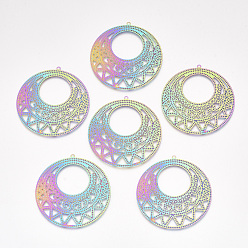 Rainbow Color Ion Plating(IP) 304 Stainless Steel Filigree Big Pendants, Etched Metal Embellishments, Flat Round, Rainbow Color, 50x48.5x0.2mm, Hole: 1.5mm