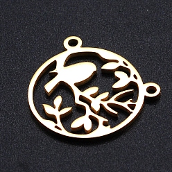 Golden 201 Stainless Steel Pendants, Filigree Joiners Findings, Laser Cut, Round Ring with Branch with Bird, Golden, 17.5x18x1mm, Hole: 1.5mm