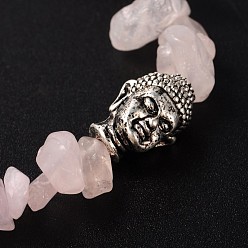 Rose Quartz 3D Buddha Head Gemstone Beaded Stretch Bracelets, with Tibetan Style Alloy Beads, Rose Quartz, 57mm