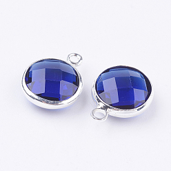 Blue Silver Color Plated Brass Glass Flat Round Charms, Faceted, Blue, 12x8.5x3mm, Hole: 1.5mm