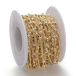 Real 18K Gold Plated Soldered Brass Cable Chains, Satellite Chains, with Brass Beads, with Spool, Flat Oval, Nickel Free, Real 18K Gold Plated, 1.5x1.4x0.3x0.4mm, about 98.42 Feet(30m)/roll