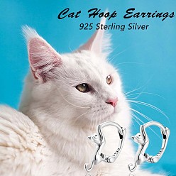 Platinum Rhodium Plated 925 Sterling Silver Cute Cat Hoop Earrings for Women, Platinum, 15x14mm, Pin: 1mm