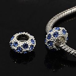 Saphir Clair  Perles européennes en strass d'alliage , Perles avec un grand trou   , rondelle, couleur argent plaqué, saphir clair, 11x6mm, Trou: 5mm