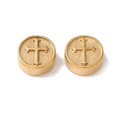 Golden Ion Plating(IP) 304 Stainless Steel Beads, Flat Round with Cross, Golden, 10.5x4.5mm, Hole: 1.8mm