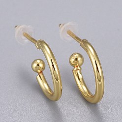 Real 18K Gold Plated Brass Stud Earrings, Half Hoop Earrings, with Plastic Ear Nut, Long-Lasting Plated, Ring, Real 18K Gold Plated, 12x1.5mm, Pin: 0.8mm