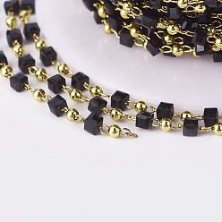Black Handmade Glass Beaded Chains, Soldered, with Brass Findings, with Spool, Long-Lasting Plated, Golden, Cube, Black, 2.3~2.8x2.3~2.8x2.3~2.8mm, 2mm, about 32.8 Feet(10m)/roll