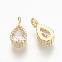 Real 18K Gold Plated Brass Cubic Zirconia Charms, Nickel Free, teardrop, Real 18K Gold Plated, 8x4x2mm, Hole: 1mm