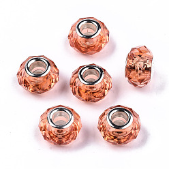 Corail Résine transparente perles européennes, cristal d'imitation, Perles avec un grand trou   , laiton avec ton argent noyaux doubles, facette, rondelle, corail, 14x9.5mm, Trou: 5mm