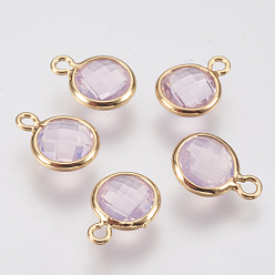 Misty Rose Glass Charms, with Brass Findings, Faceted Flat Round, Real 18K Gold Plated, Misty Rose, 9.5x7x3mm, Hole: 1.2mm
