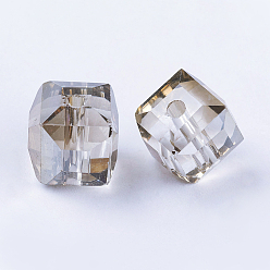 Gray Electorplated Glass Beads, Rainbow Plated, Faceted, Cube, Gray, 9x9x9mm, Hole: 1mm