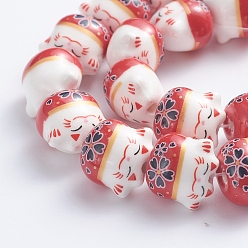 Red Handmade Printed Porcelain Beads, Lucky Cat, Red, 14x14x11.5mm, Hole: 2mm, about 25pcs/Strand, 12.20''(31cm)