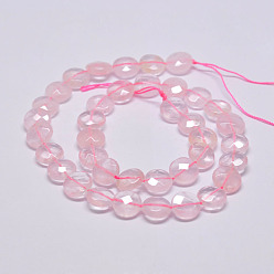 Pink Natural Rose Quartz Beads Strands, Faceted, Flat Round, Pink, 10x5mm, Hole: 1mm, 38pcs/strand, 15.2 inch(38.5cm)