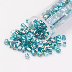 Light Sky Blue 11/0 Two Cut Round Hole Glass Seed Beads, Hexagon, Silver Lined, Rainbow Plated, Light Sky Blue, 2x2mm, Hole: 0.5mm, about 41000pcs/pound