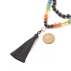 Mixed Stone 7 Chakra Buddhist Necklace, Natural & Synthetic Mixed Gemstone Round Beaded Necklace with Alloy Peace Sign and Big Tassel for Women, 31.50 inch(80cm)