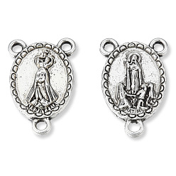 Antique Silver Tibetan Style Alloy Chandelier Components Links, 3 Loop Connectors, for Rosary Bead Necklace Making, Cadmium Free & Lead Free, Oval with Lady of Guadalupe, Antique Silver, 21x14x3mm, Hole: 1.6mm, about 500pcs/1000g