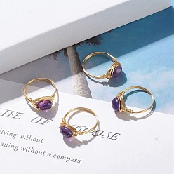 Amethyst Natural Amethyst Oval Finger Rings, Copper Wire Wrapped Jewelry for Women, Golden, US Size 8 1/4(18.3mm)~US Size 8 3/4(18.7mm)