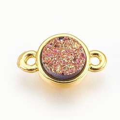 Mixed Color Brass Links connectors, with Druzy Resin, Flat Round, Golden, Mixed Color, 12x7.5x4~4.5mm, Hole: 1mm