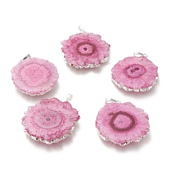 Hot Pink Dyed Natural Druzy Solar Quartz Crystal Pendants, Edge Plated, with Brass Bails, Sunflower, Silver, Hot Pink, 40~50x30~45x5~6mm, Hole: 4x6mm