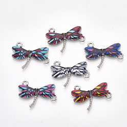 Colorful Printed Alloy Links connectors, with Enamel, Dragonfly, Platinum, Mixed Color, 16x22.5x2mm, Hole: 1.8mm