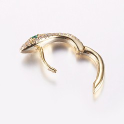 Golden Brass Micro Pave Cubic Zirconia Hoop Earrings, Snake, Golden, 17x14x6mm, Pin: 1.2mm