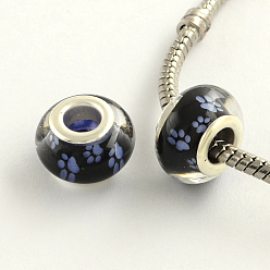 Slate Blue Large Hole Dog Paw Prints Pattern Resin European Beads, with Platinum Plated Brass Double Cores, Rondelle, Slate Blue, 14x9mm, Hole: 5mm