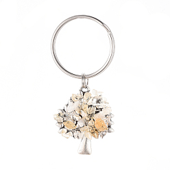 Citrine Porte-clés en citrine naturelle à puce, avec pendentifs anciens en alliage plaqué argent et 316 porte-clés fendus en acier inoxydable chirurgical, arbre, 55mm