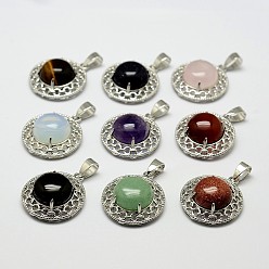 Mixed Stone Natural & Synthetic Gemstone Pendants, with Brass Findings, Half Round, Platinum, 28x24x9~10mm, Hole: 8x4mm