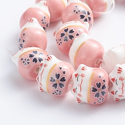 Pink Handmade Printed Porcelain Beads, Lucky Cat, Pink, 14x14x11.5mm, Hole: 2mm, about 25pcs/Strand, 12.20''(31cm)