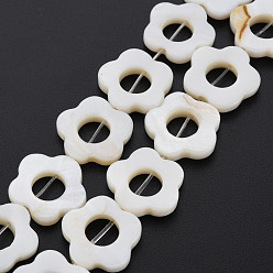 White Freshwater Shell Beads Frames Strands, Dyed, Flower, White, 14.5~15x15~16x2.5mm, Hole: 1mm, about 23pcs/strand, 13.19 inch(35cm)